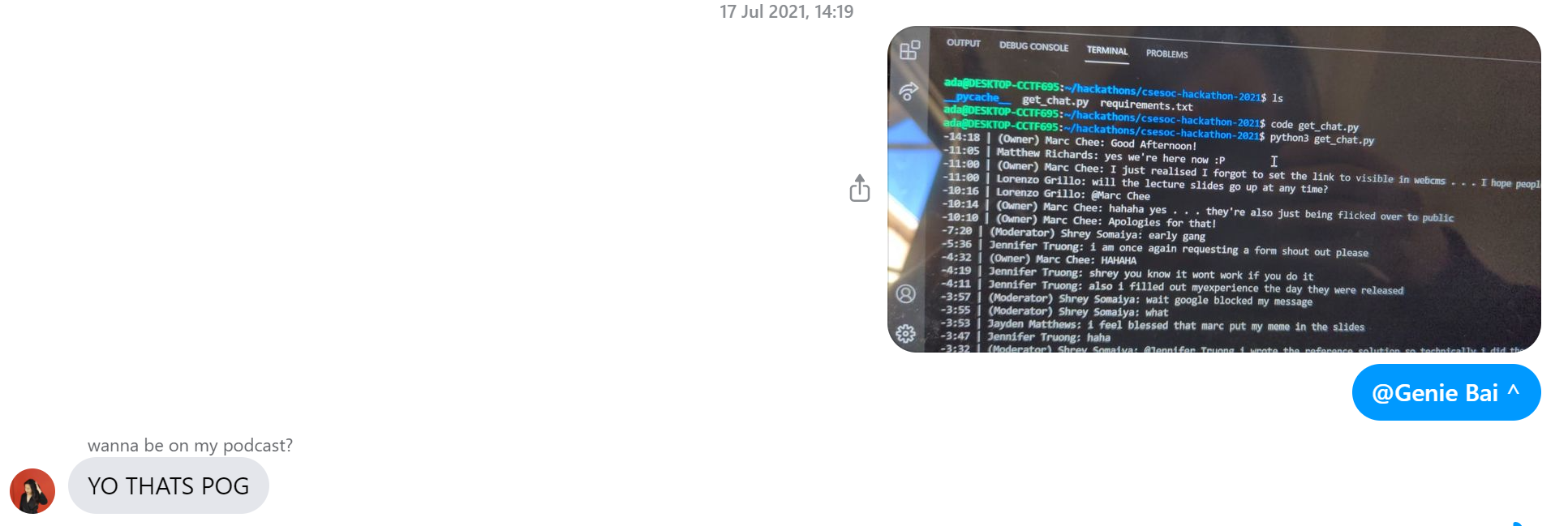 Message showing downloaded Youtube chat